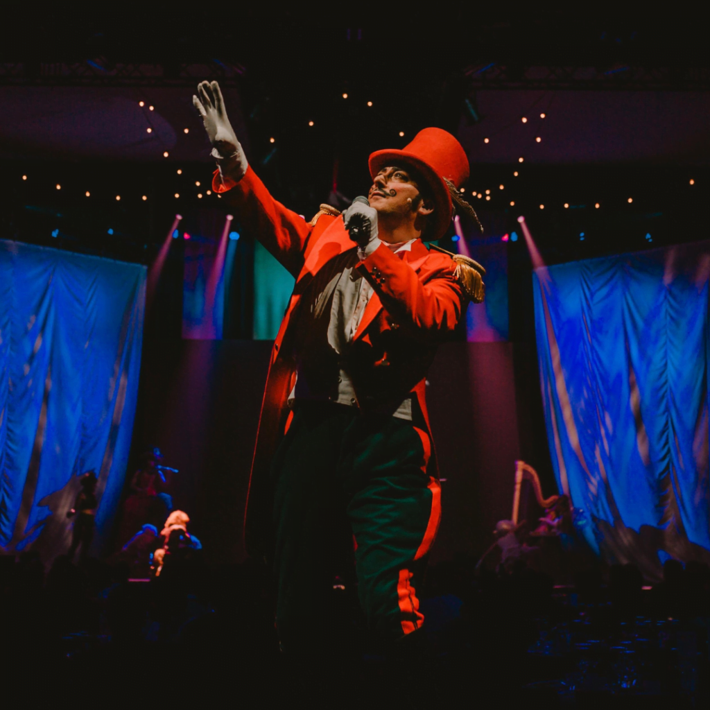 Peter Corry performing as the greatest showman during a show branded and promoted by Stenson Wolf