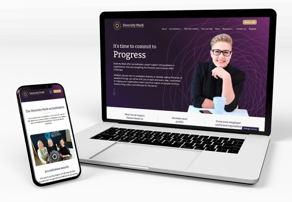 Diversity Mark Northern Ireland - an example of a mobile responsive website from Stenson Wolf working on both mobile phone and laptop