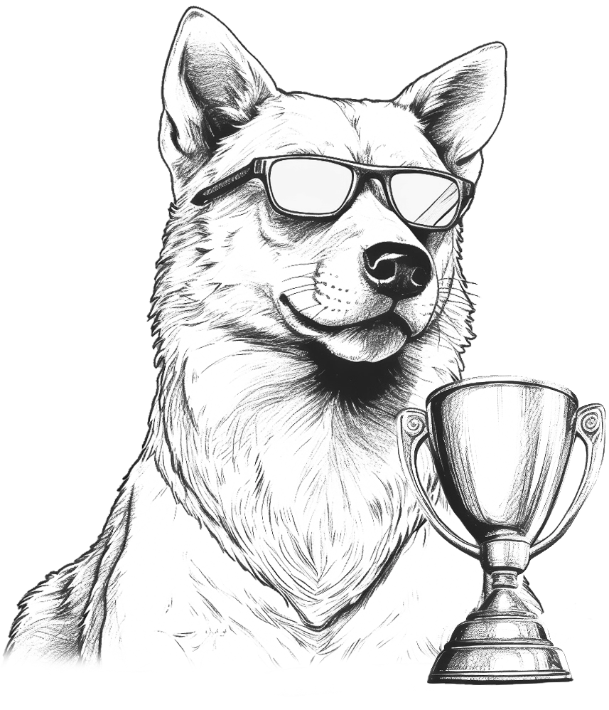 Stenson the wolf, wearing shades and holding a prize cup because he's a winner.